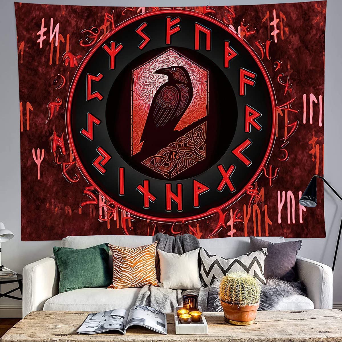 Viking Tapestry , Red Wall Hanging Raven Meditation Runes Wall Art for Bedroom Aesthetic Gothic Room Decor