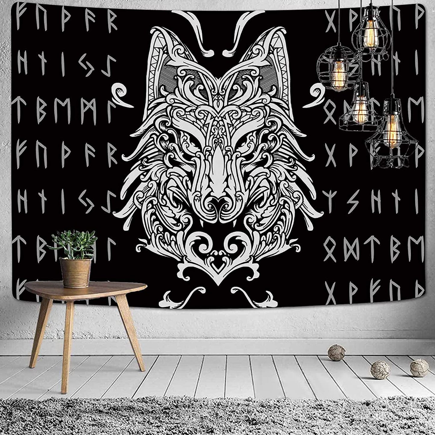 Viking Wolf Tapestry Wall Hanging, Medieval Viking Age Black Wolf Mysterious  Meditation Psychedelic Runes Wall Tapestries  Home  Decor