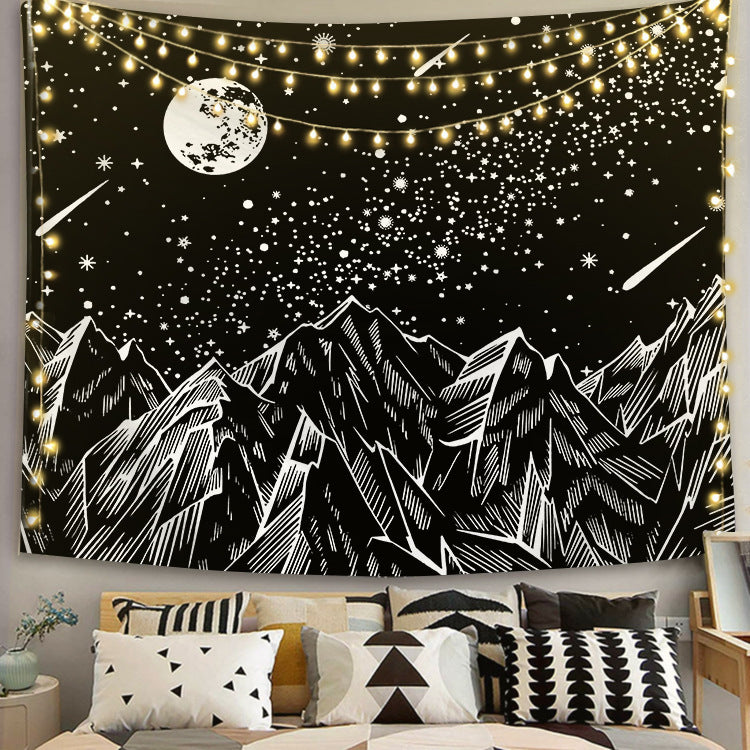 Black and White Tapestry, Moon Mountain Tapestry Wall Hanging,Starry Night Sky Stars Tapestry with Meteor Bedroom Home Wall Décor Celestial