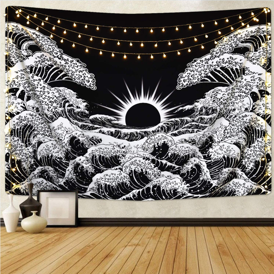 Great Wave Of Kanagawa Tapestry , Black and White Tapestry, Japanese Wall Hanging , Sun and Wave Mandala, Wall Tapestry for Bedroom , Dorm