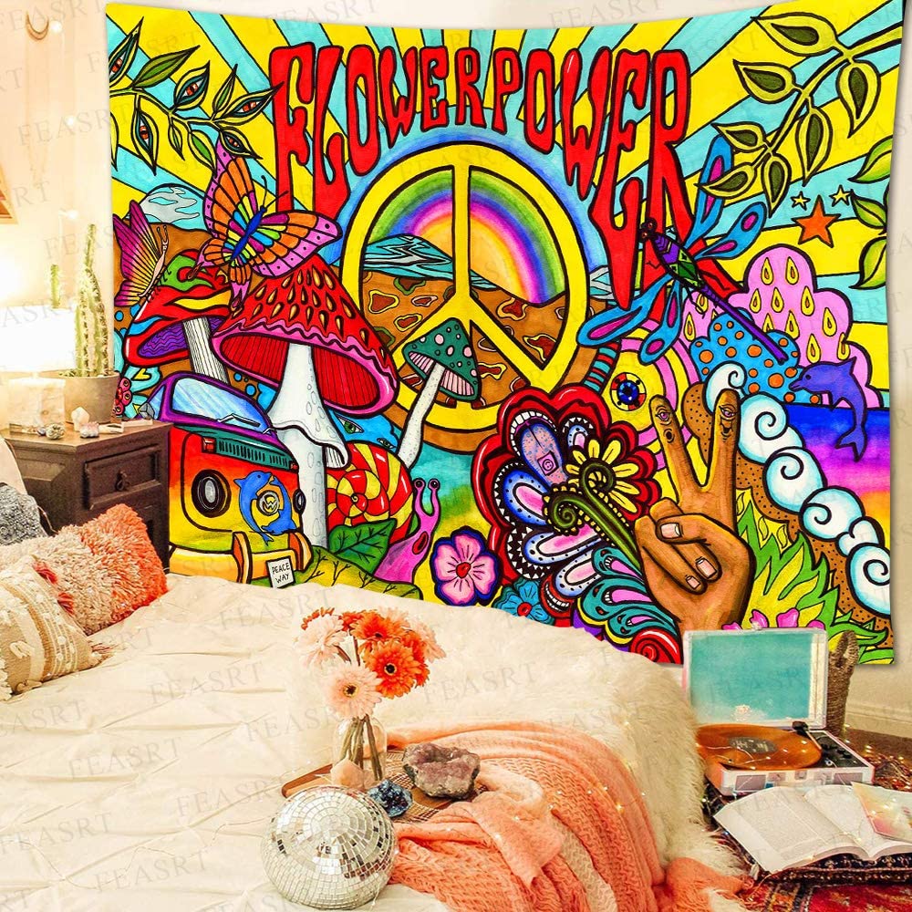 Flower Power Tapestry, Groovy Hippie Wall Hanging, Psychedelic Boho Tapestries, Hippie Decor Aesthetic for Party, Bedroom, Living Room