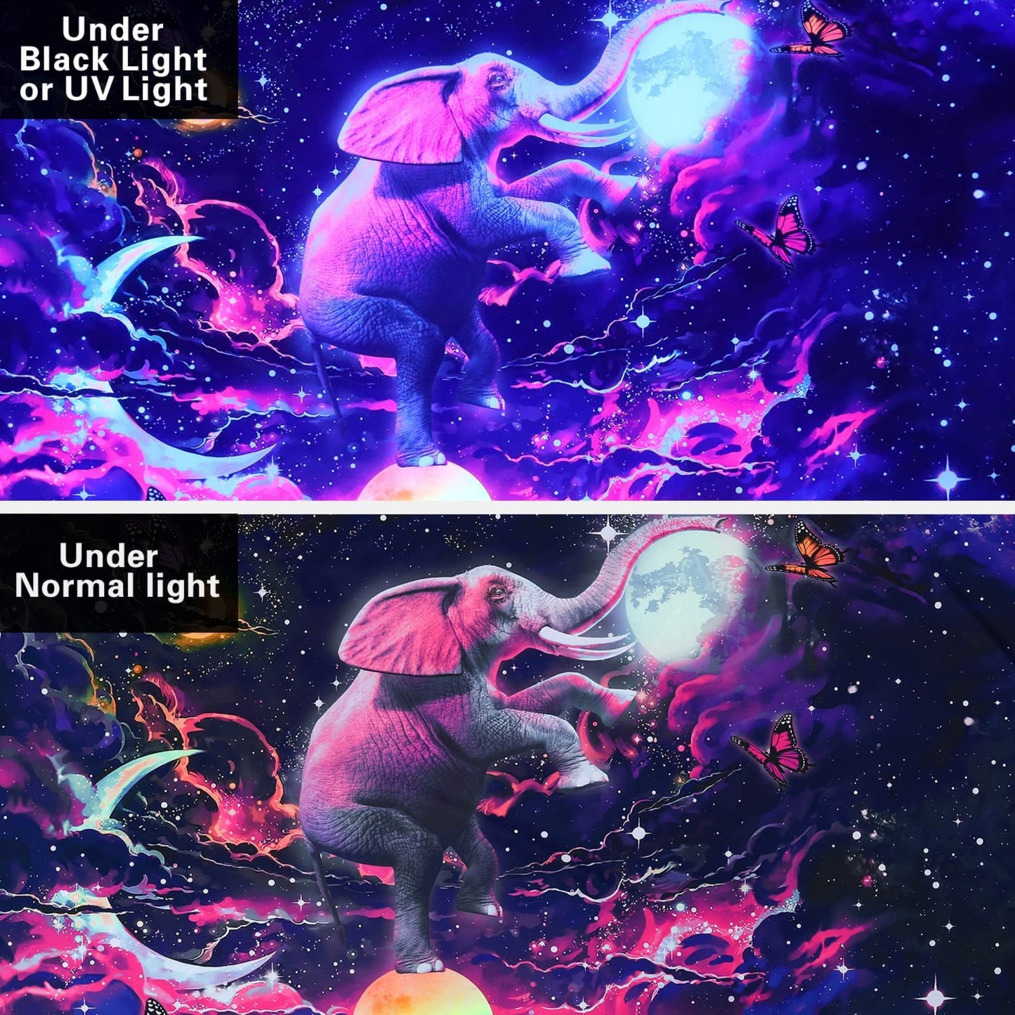 Elephant Tapestry, Blacklight Fantasy Yoga Tapestry, UV Reactive Universe Space Wall Hangings, Trippy Tapestry Blue For Living Room, Bedroom