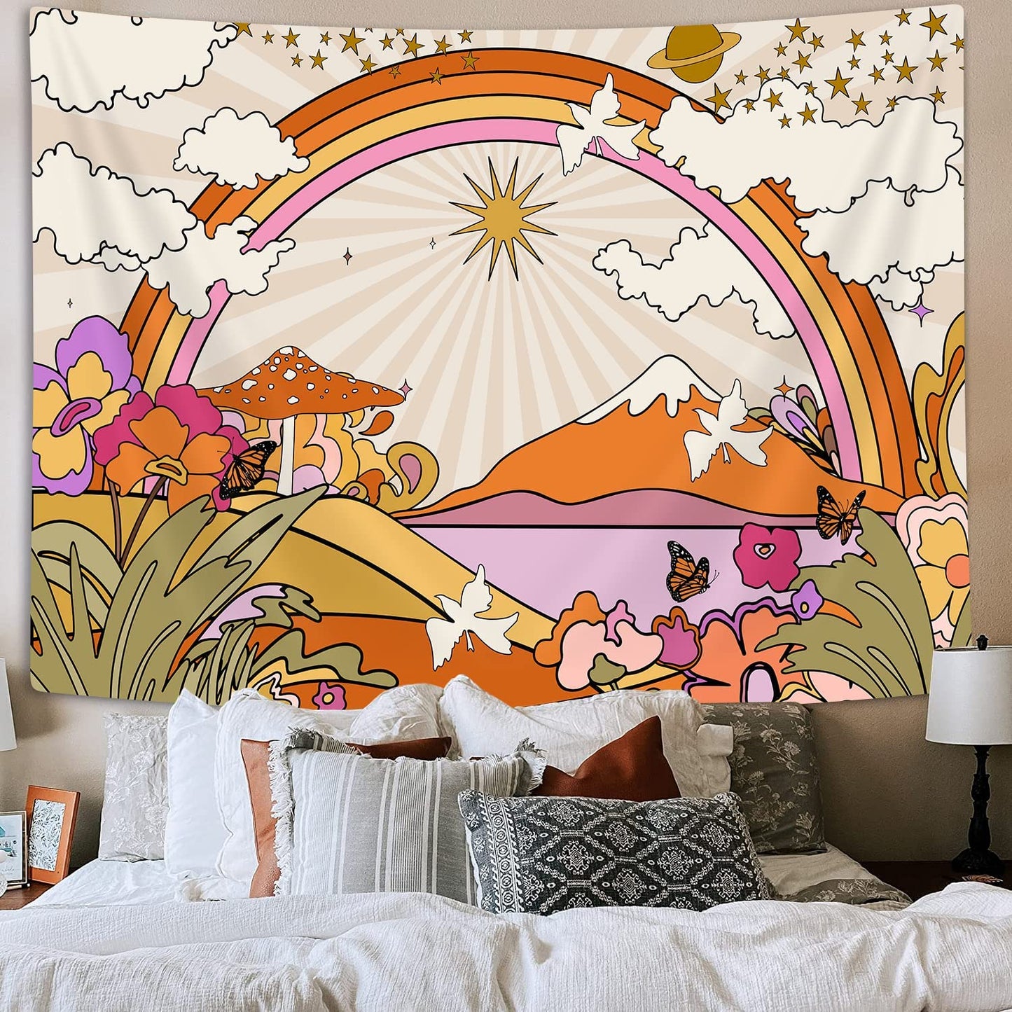 Vintage Groovy Tapestry, Retro Trippy Mushroom Flowers Clouds Sun Rainbow Wall Hanging,  Hippie Psychedelic Tapestry for Bedroom Dorm Decor