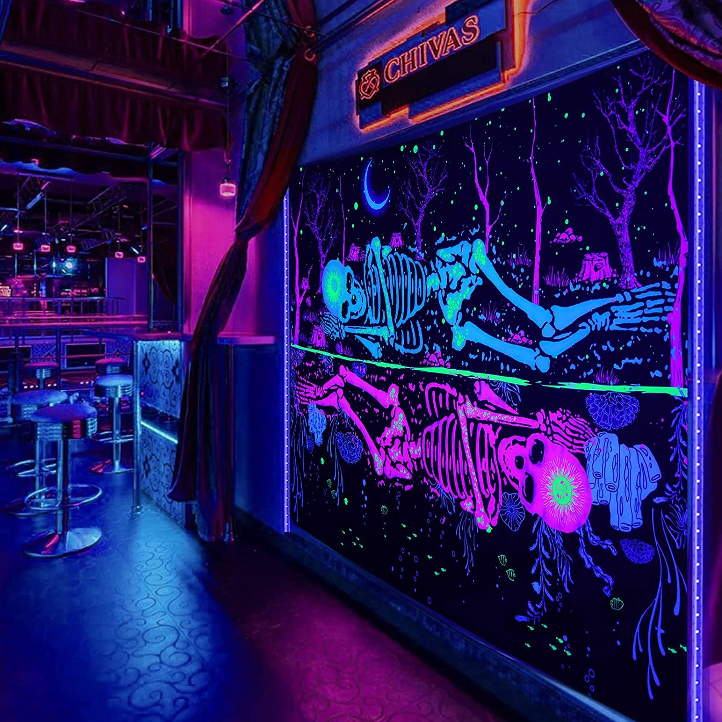 UV Reactive Black Light Fluorescent Wall Hanging, Skeleton Lover Tapestry, Trippy Tapestry, Psychedelic Dark Galaxy Moon Mandala Party Décor