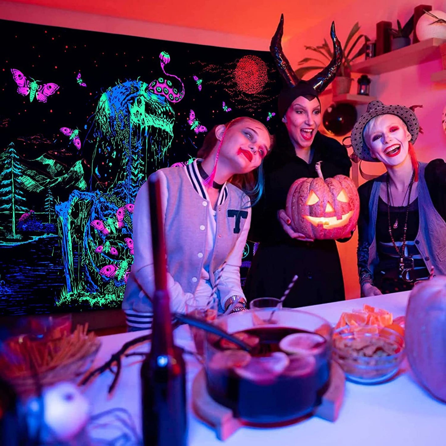 Blacklight Goth Skeleton Tapestry , UV Reactive Trippy Neon Butterfly Mandala Tapestry, Glow in the Dark  Skull Tapestries Gothic Wall Party