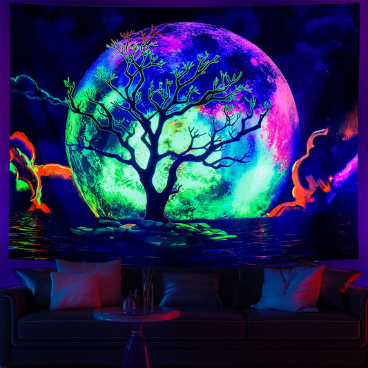 Fluorescent Tapestry, Trippy Moon Wall  Hanging, Aesthetic Room Decor, Ocean Tapestry, Psychedelic UV Blacklight Hippie Tapestry for Bedroom
