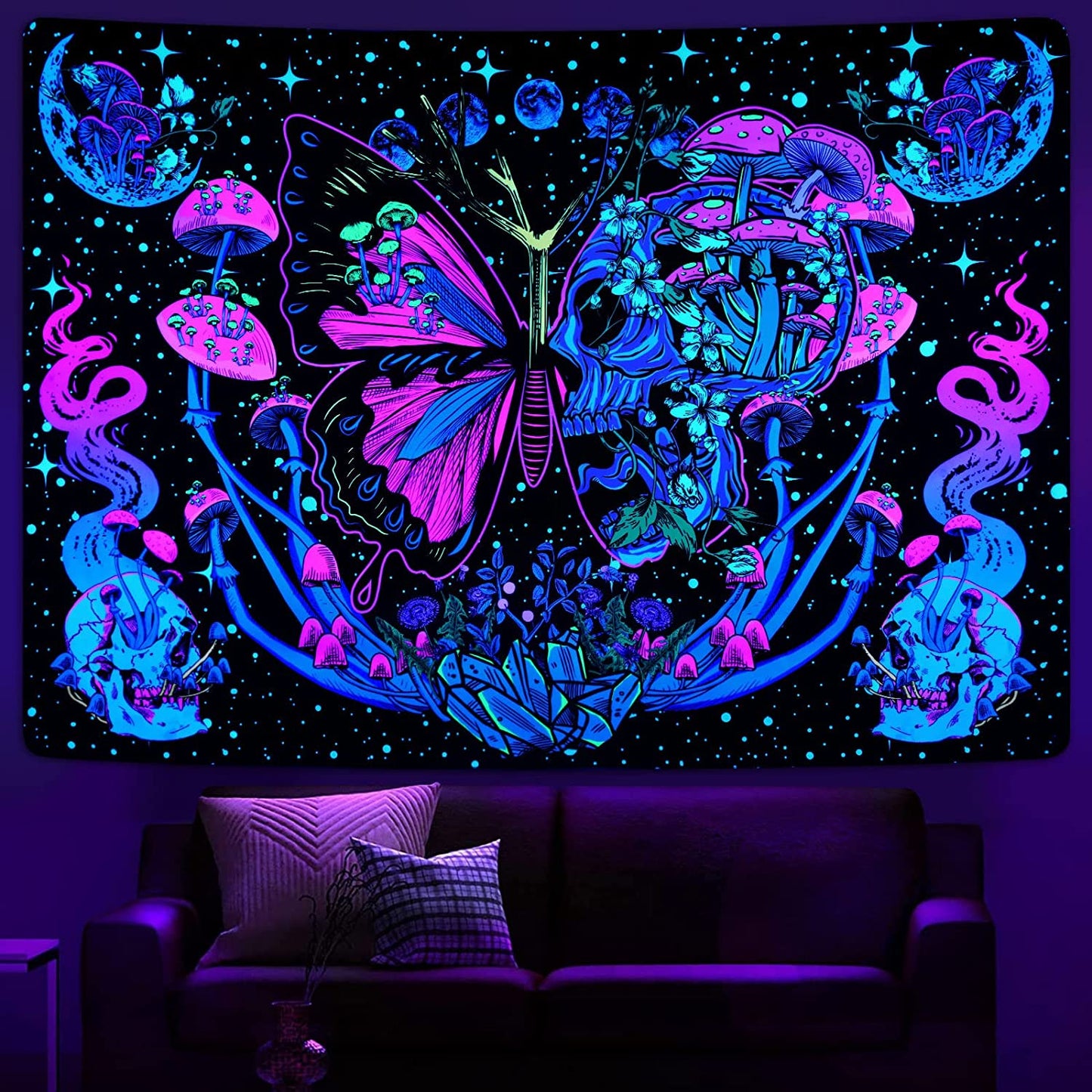 Blacklight Tapestry, UV Reactive Trippy Mushroom Butterfly Tapestries, Aesthetic Moth Moon Flowers  Hippie Snake Tapestry Wall Hanging