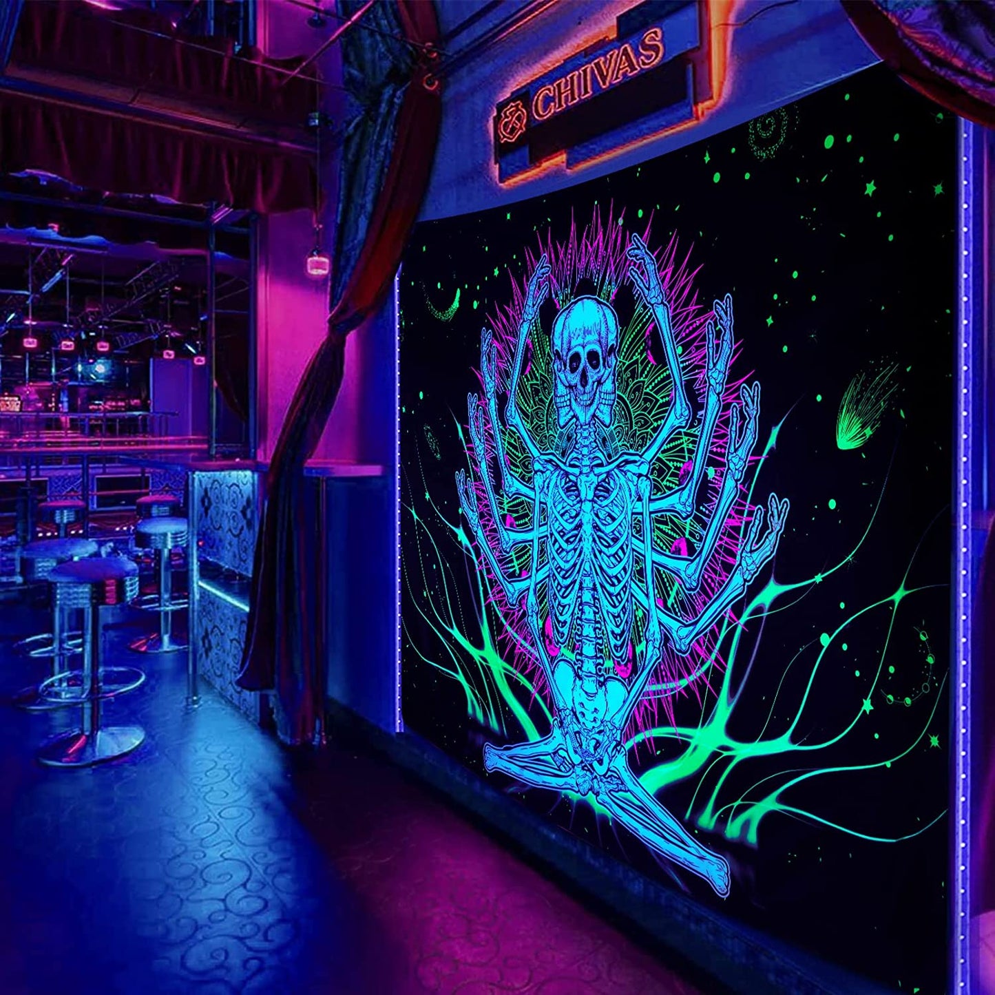 Blacklight Skeleton Tapestry , UV Reactive Trippy Neon Mandala Tapestry, Glow in the Dark Horror Skull Tapestries Gothic Wall Décor Party