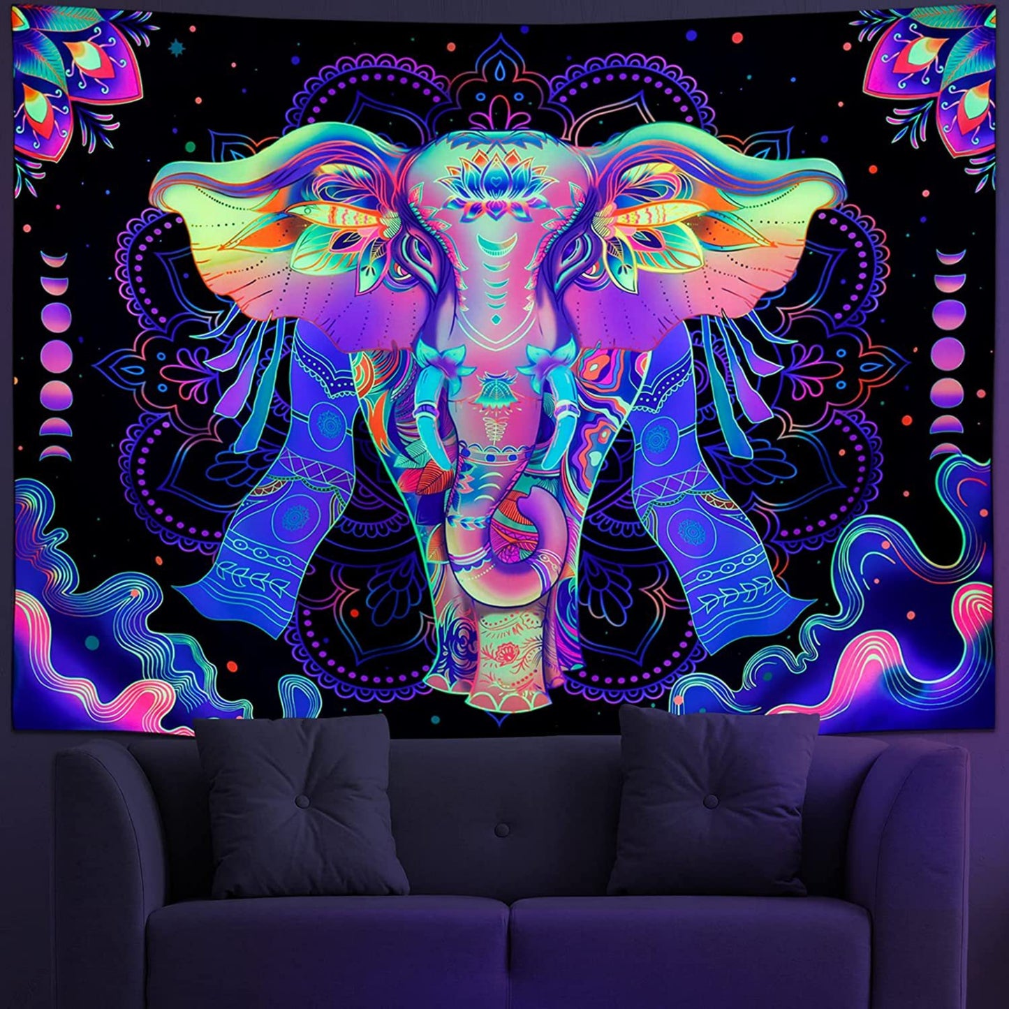 Blacklight UV Reactive Elephant Tapestry, Trippy Mandala Tapestry, Psychedelic Aesthetic Neon Hippie Décor for Living Room Dorm Bedroom