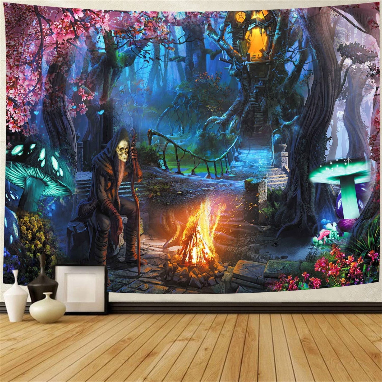 Fantasy Forest Psychedelic Tapestry, Trippy Mushrooms Wall Hanging,  Skeleton Bonfire Party Tapestries, Hippie Boho Cute Funny Magic Décor