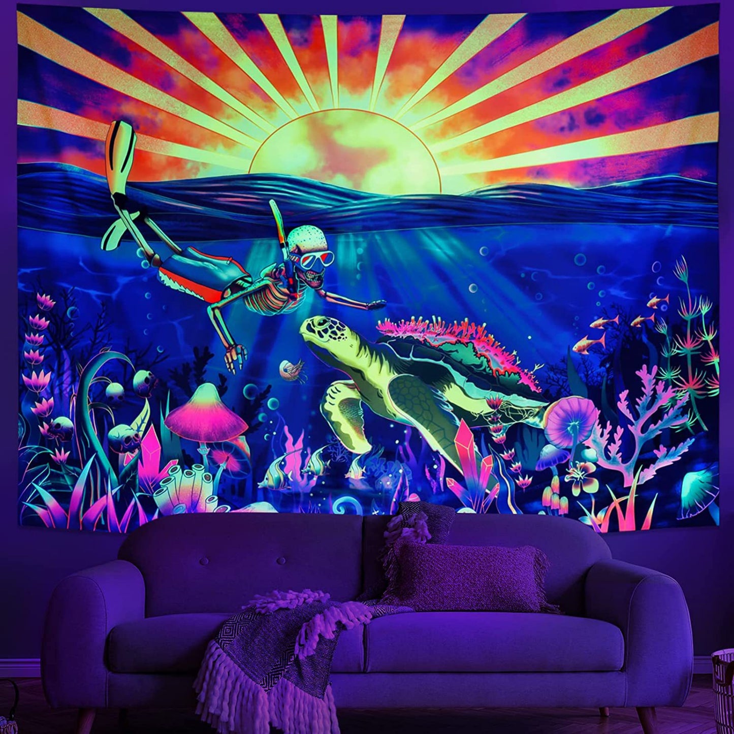 Blacklight Diver Tapestry Wall Art, Trippy Sun Wall Hanging,  UV Reactive Turtle  ,Under the Sea, Ocean, Landscape Tapestries for Bedroom