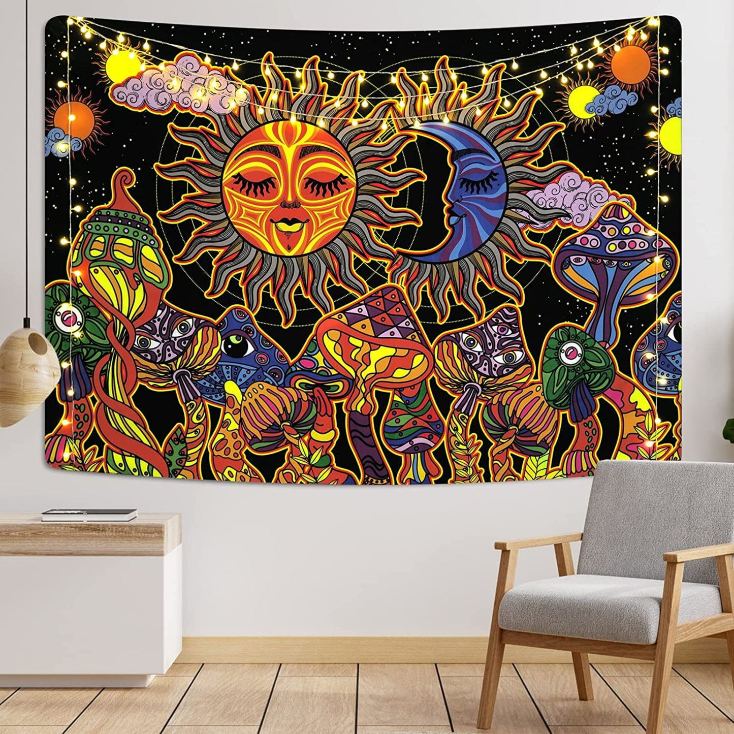 Trippy Sun and Moon Tapestry , Burning Sun and Stars Tapestry Wall Hanging, Fantasy Hippie Mushroom Tapestries, Medieval Arabesque Décor