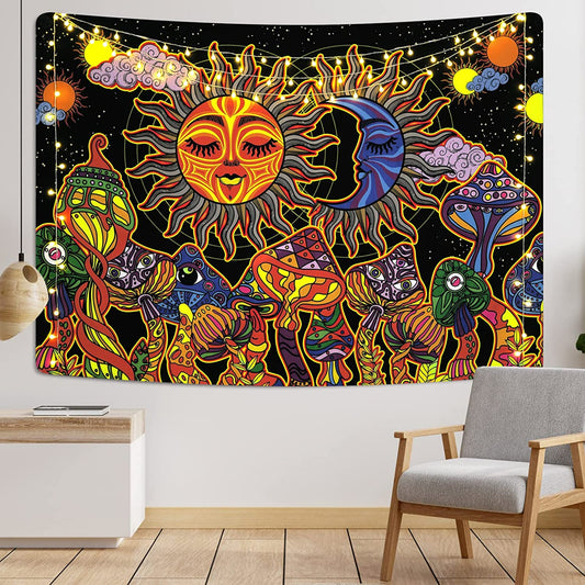 Trippy Sun and Moon Tapestry , Burning Sun and Stars Tapestry Wall Hanging, Fantasy Hippie Mushroom Tapestries, Medieval Arabesque Décor