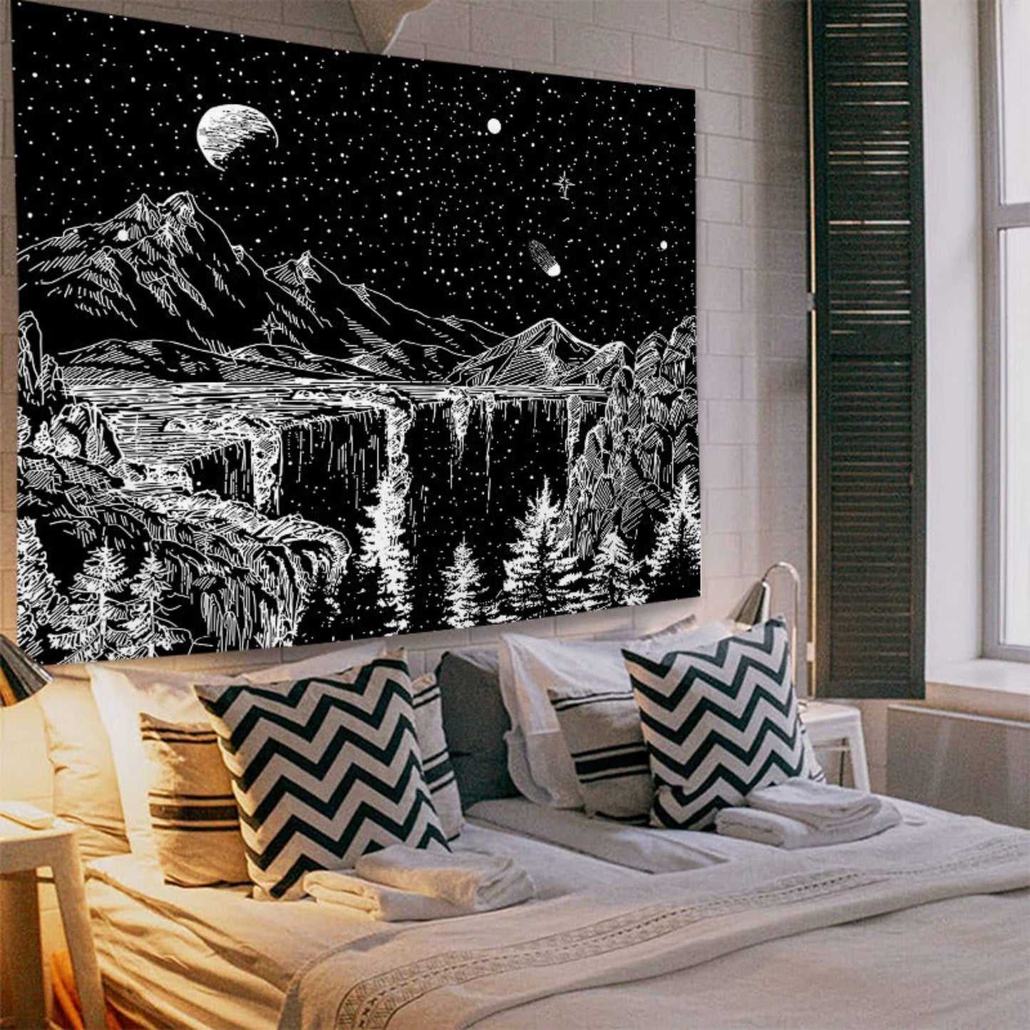 Black and White Tapestry, Starry Night Wall Hanging, Mountain Tapestry, Moon Stars Tapestry Trippy Nature Tapestry for Bedroom Living Room