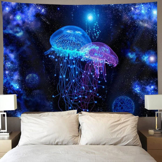 Cosmic Galaxy Undersea Sea Jellyfish Wall Tapestry, Blacklight UV Tapestry, Trippy Tapestry Blue, Fluorescent  Art, Party Décor, for Room