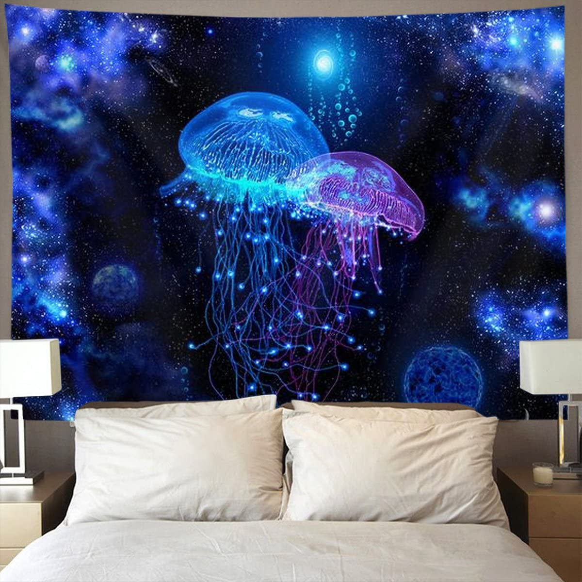 Cosmic Galaxy Undersea Sea Jellyfish Wall Tapestry, Blacklight UV Tapestry, Trippy Tapestry Blue, Fluorescent  Art, Party Décor, for Room
