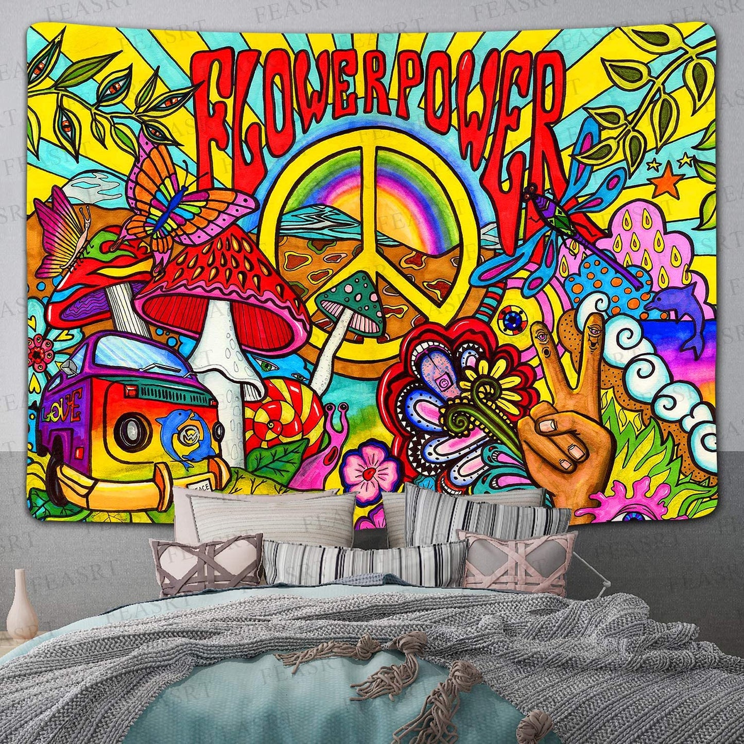 Flower Power Tapestry, Groovy Hippie Wall Hanging, Psychedelic Boho Tapestries, Hippie Decor Aesthetic for Party, Bedroom, Living Room