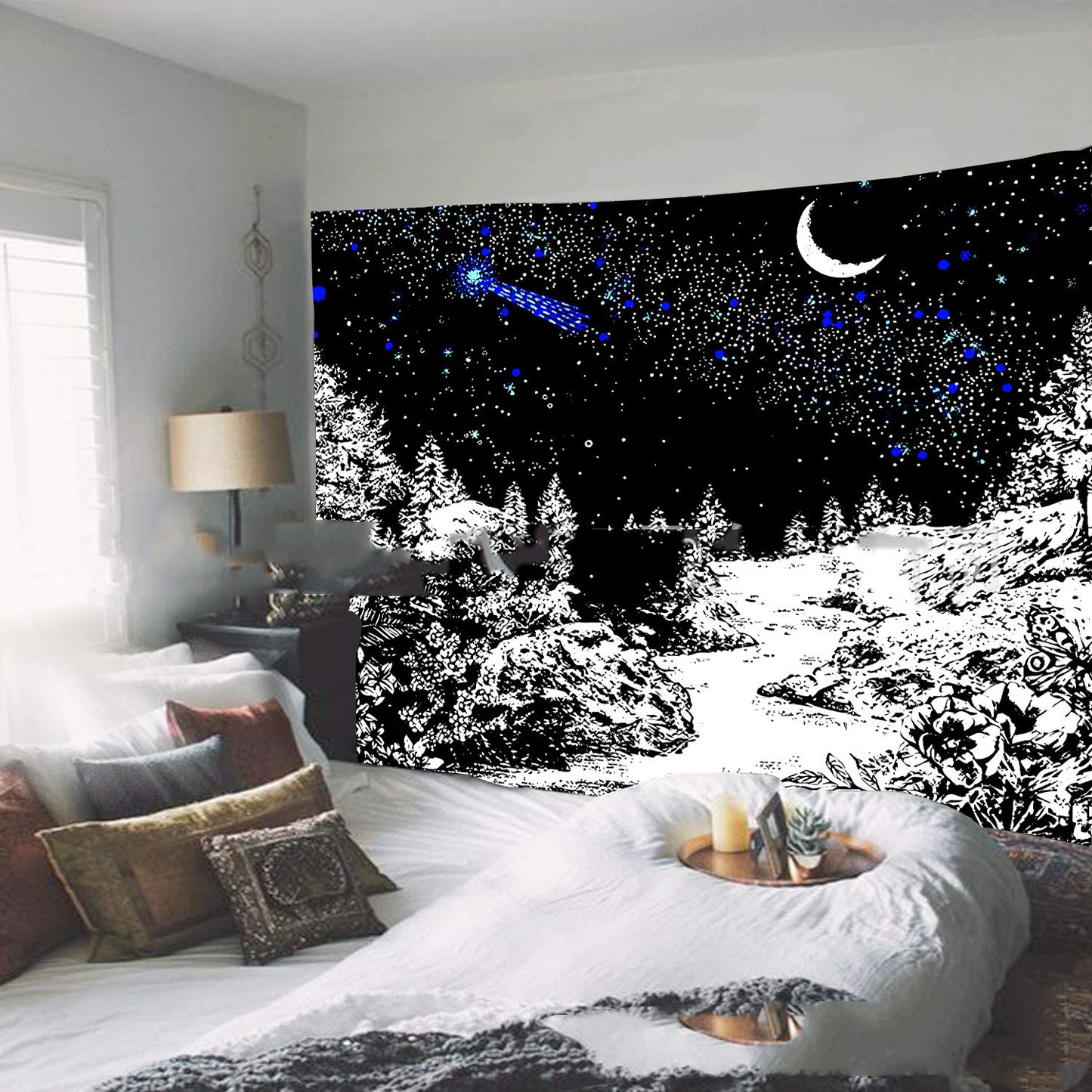 Black And White Tapestry Wall Hanging, Moon Tapestries,  Mountain Landscape Wall Art,  Hippie  Aesthetic Mystical Goth Trippy Blue Tapestry