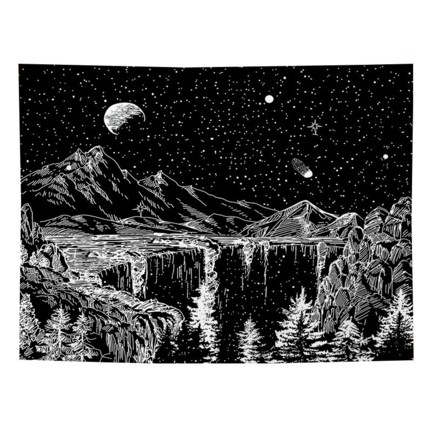 Black and White Tapestry, Starry Night Wall Hanging, Mountain Tapestry, Moon Stars Tapestry Trippy Nature Tapestry for Bedroom Living Room