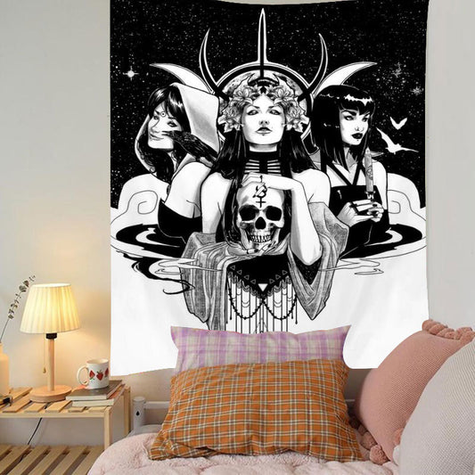 Moon Goddess Tapestry , Girl Skull Wall Hanging, Black And White Tapestry, Witchcraft Décor, Witch kit, Witchy Gifts , Tarot Card Cloth