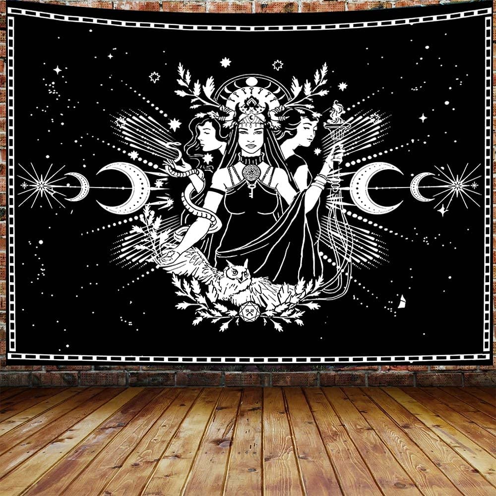 Lunar Goddess Hecate Tapestry, Witch Witchy Gothic Wall Hanging, Black and White , Goth Trippy Moon Tarot Card Tapestries , Mandala Art