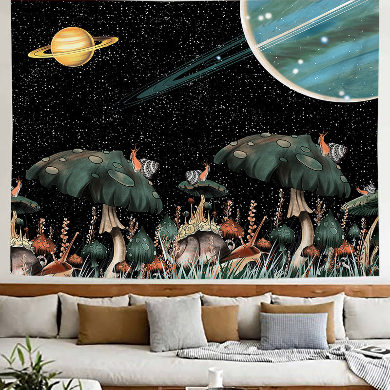 Trippy Mushroom Tapestry, Fantasy Moon Planet Stars Tapestry, Aesthetic Plants Wall Hanging,  Hippie Celestial Art for Bedroom, Livingroom