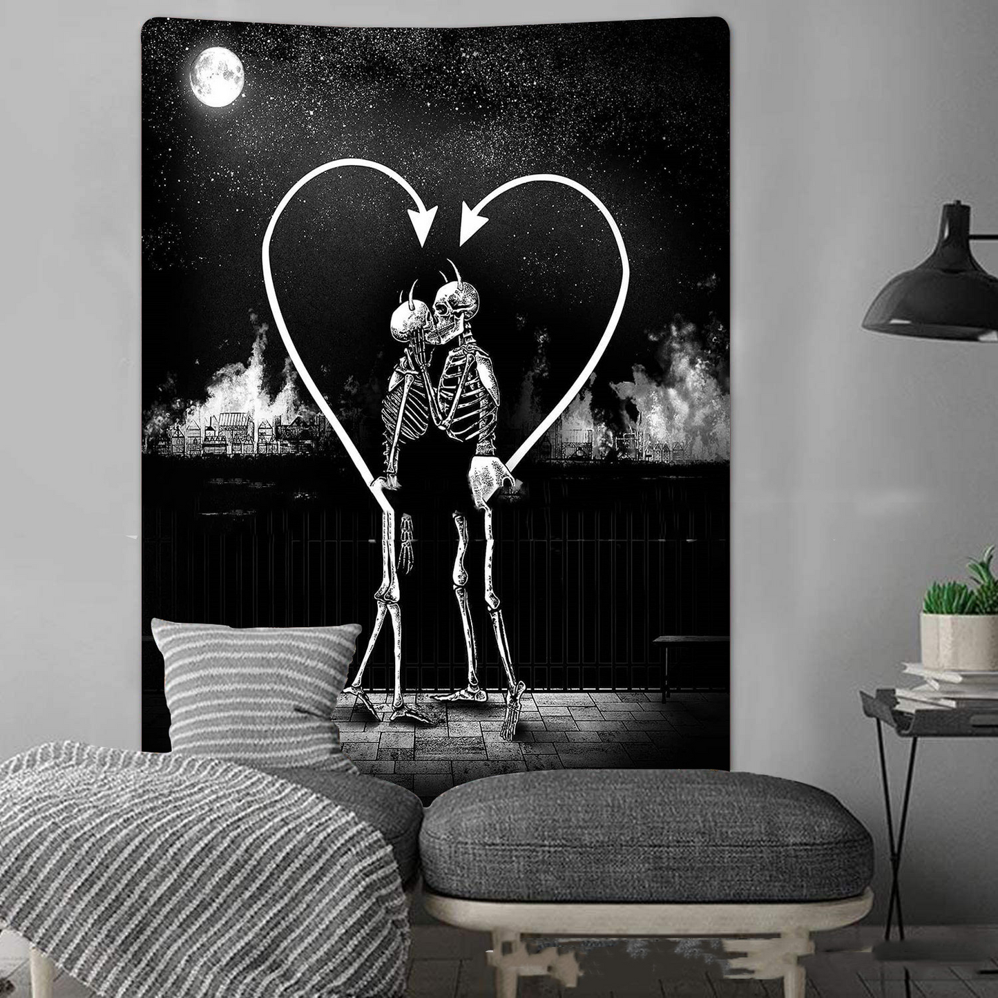 Gothic  Skeleton Tapestry,  Skulls Kissing Lovers Tapestries,  Full Moon Tarot Tapestry, Dark Wall Hanging, Witch Home, Wicca Poster