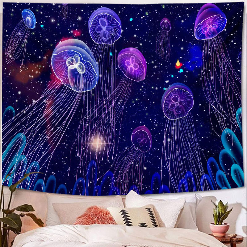UV Black Light Fluorescent Wall Hanging,  Jellyfish Tapestry, Large Purple Sky Tapestry, Psychedelic Trippy Mandala Blue, Party Décor