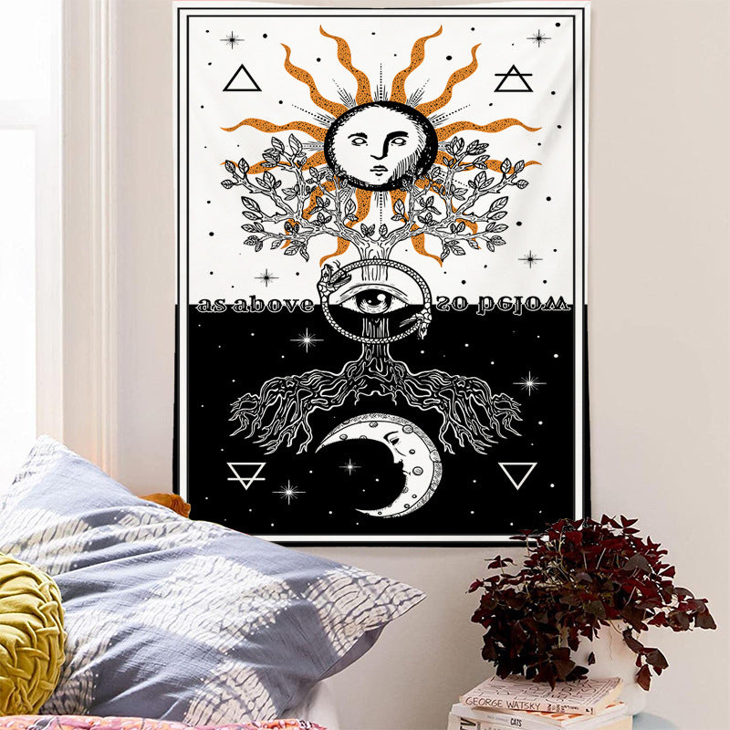 Tarot Tapestry, Moon and Sun Tapestry ,Mysterious Tarot Cards Tapestries ,White and Black Tapestry Wall Hanging , Three of Life Wall Art
