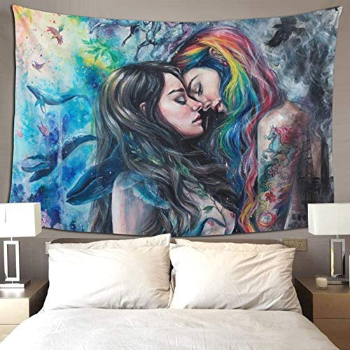 Lesbian LGBT Tapestry , Girls Kissing , Rainbow Hair , Girlfriend Lesbian Gift,   Love Wallpaper , Romantic Wall Hanging,  Teens Bedroom