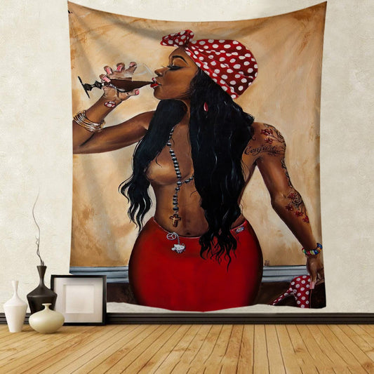 African Girl Tapestry , African Woman with Tatoo Drinking Wine , Black Afro Girl Wall Hanging,  Throw, Bedspread, Hippie Bedroom Dorm