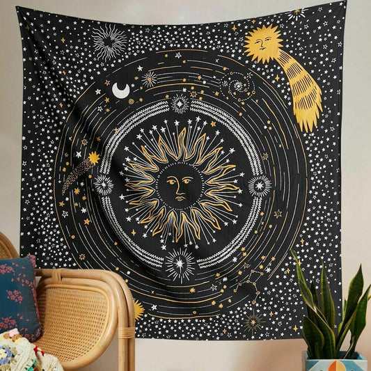 Black Burning Sun Tapestry, Starry Sky Wall Hanging,  Universe  Tapestries,  Mystic Tapestry, Hippie Wall Tapestry ,Tarot Cloth, Bedroom