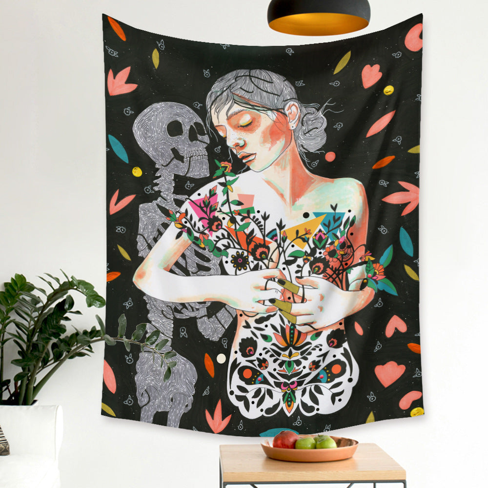 Flower Woman Nude and Skeleton Tapestry, Skull Tapestry ,Aesthetic Wall Hanging , Psychedelic Bohemian Hippie Wall Art for Bedroom, Room