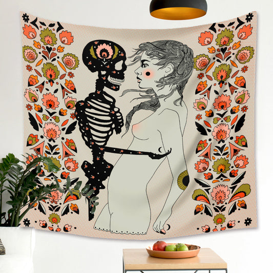 Skull Lover Tapestry, Naked Woman Skeleton Wall Hanging, Tarot Cloth, Floral, Flower, Abstract Modern Art, For Living Room Garden Dorm