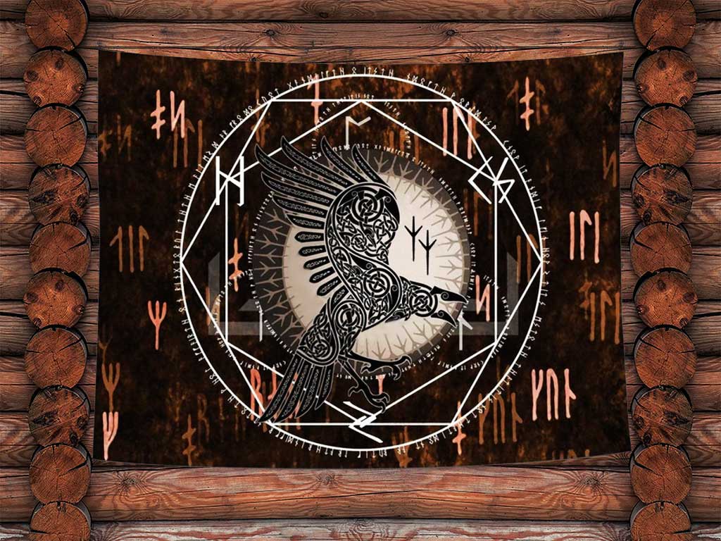 Viking Crow Norse Mythology Wall Hanging, Viking Raven Tapestry, Runes Wall Art , Odin Pagan Raven Gift, Scandinavian Wall Décor Living Room