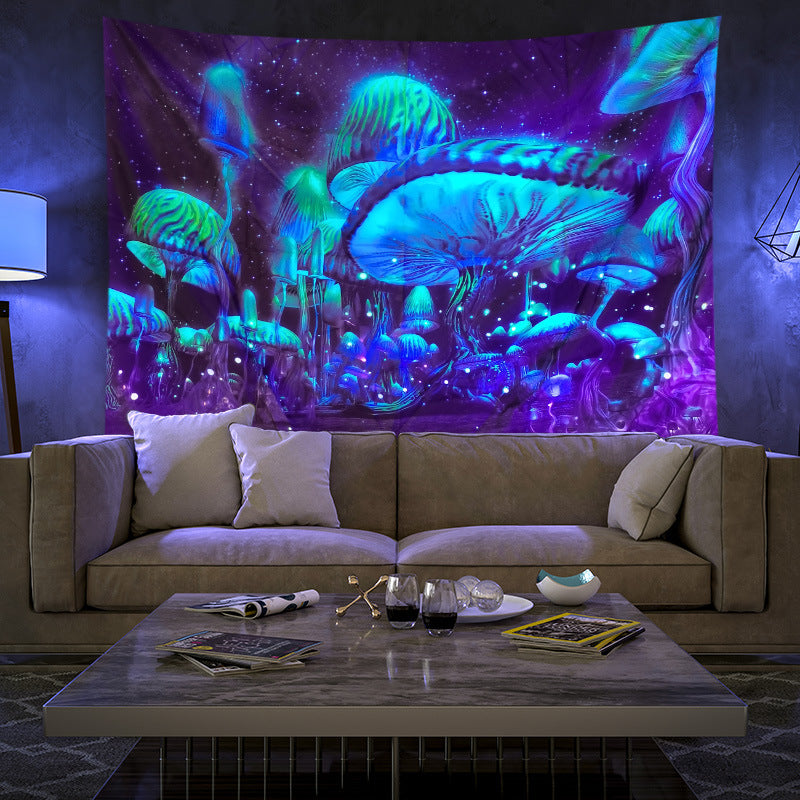 UV Black Light Fluorescent Wall Hanging,  Mushroom Tapestry, Large Fairy Tapestry, Psychedelic Mushroom, Trippy Mandala Blue, Party Décor