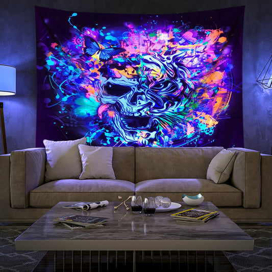 UV Black Light Tapestry,Fluorescent Goth Horror Wall Hanging, Psychedelic Skull  Hippie Trippy  Abstract Art Mandala Party Décor, Room