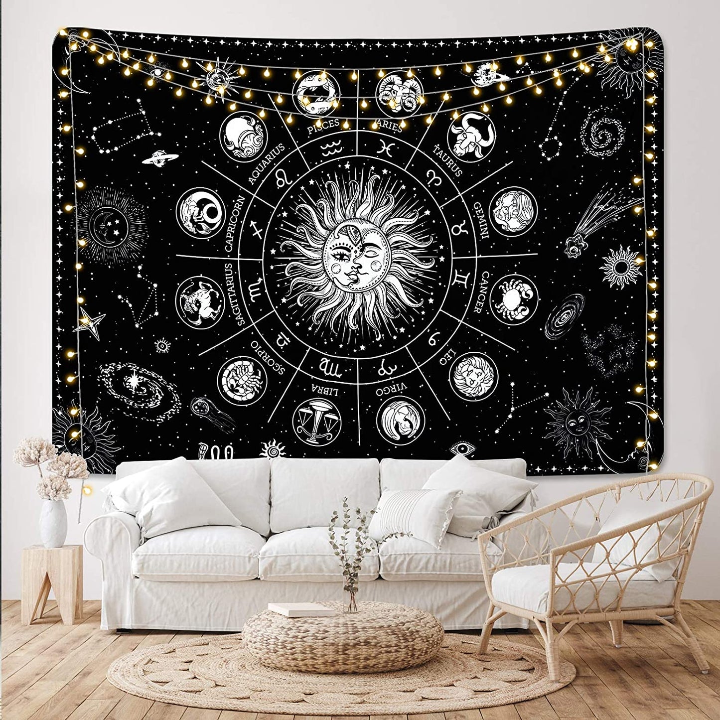 Sun and Moon Tapestry, Zodiac Wall Art , Goth Tapestry ,Black And White Wall Hanging, Tarot Cloth, Trippy Mystical Mandala,Witchy Stuff