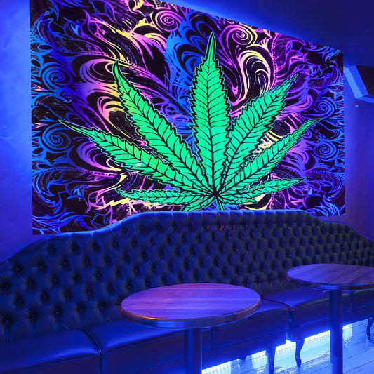 UV Black Light Fluorescent Wall Hanging, Psychedelic Marijuana Weed Leaf Rasta Tapestry, Hippie Trippy Cannabis Mandala Party Décor, Room