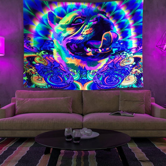 UV Black Light Neon Tapestry, Psychedelic Dog Fluorescent Wall Hanging,  Abstract Pet Trippy Mandala Party Décor, for Living Room, Bedroom