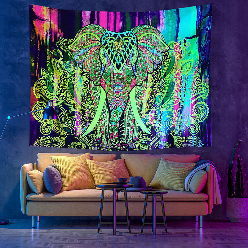 UV Black Light Tapestry, Fluorescent Psychedelic Elephant Wall Hanging, Abstract Trippy Indian Mandala Party Décor, for Living Room,Yoga