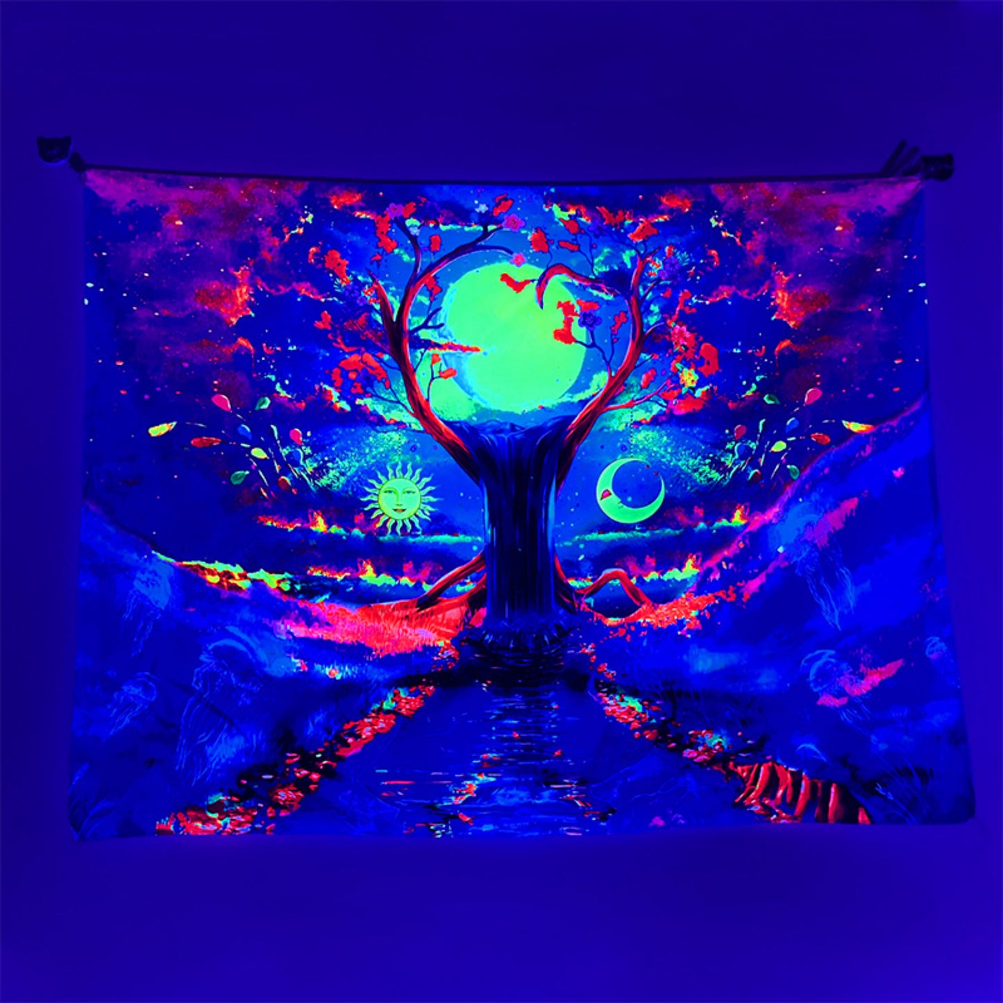 Fluorescent Tapestry , Trippy Mushroom , Psychedelic Wall Hanging, Sun and Moon Wall Art, Aesthetic UV Reactive Hippie Tapestry for Room