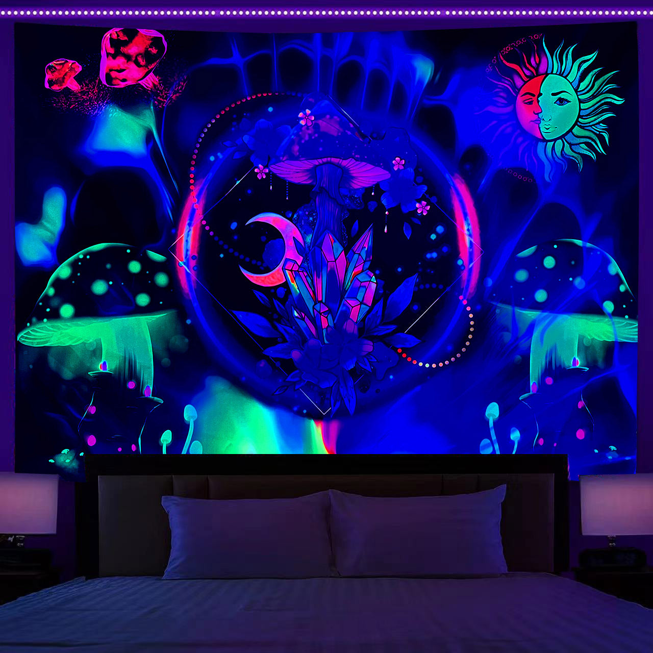 Psychedelic Tapestry, Trippy Mushroom Tapestry, Sun And Moon Fluorescent Tapestry, Blacklight Witch Tapestry , For  Dorm Living Room Décor