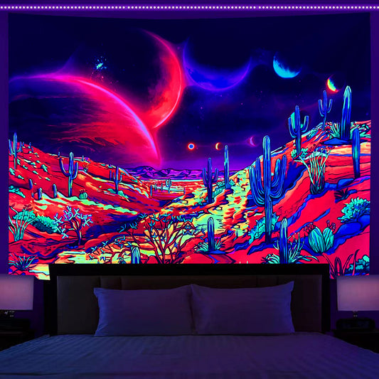 Fluorescent Tapestry UV Reactive Wall Hanging, Blacklight Tapestries , Psychedelic Fantasy Landscape Mandala For Backdrop Dorm Living Décor