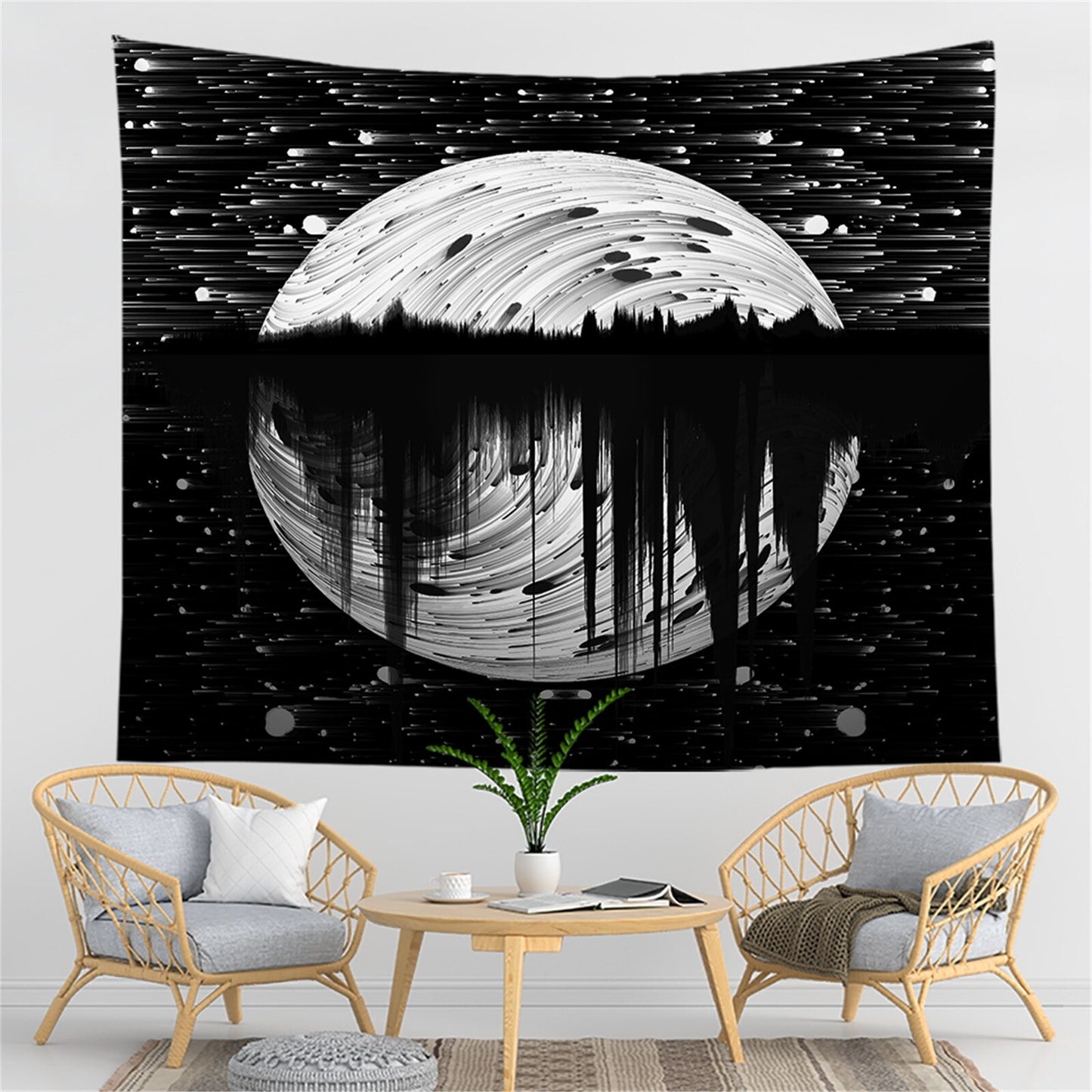 Full Moon Tapestry Wall Hanging,   Psychedelic  Mysterious  Aesthetic  Tapestries,  Minimalist Wall Art Black and White Tapestry for Bedroom