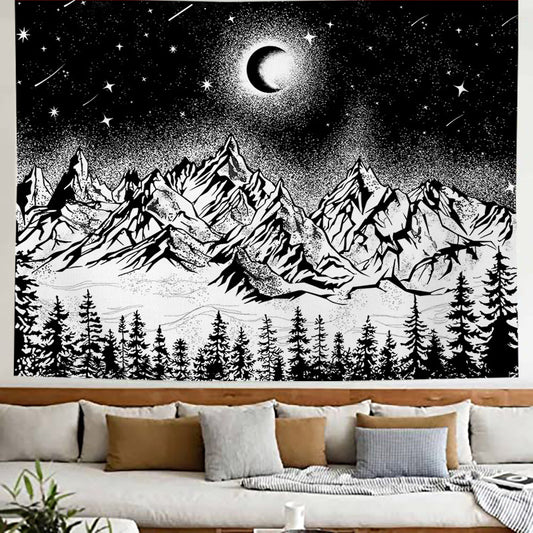 Black and White Tapestry, Psychedelic , Moon Mountains Wall Hanging,  Starry Night Trees Wall Tapestry, Trippy Nature Tapestry, for Dorm