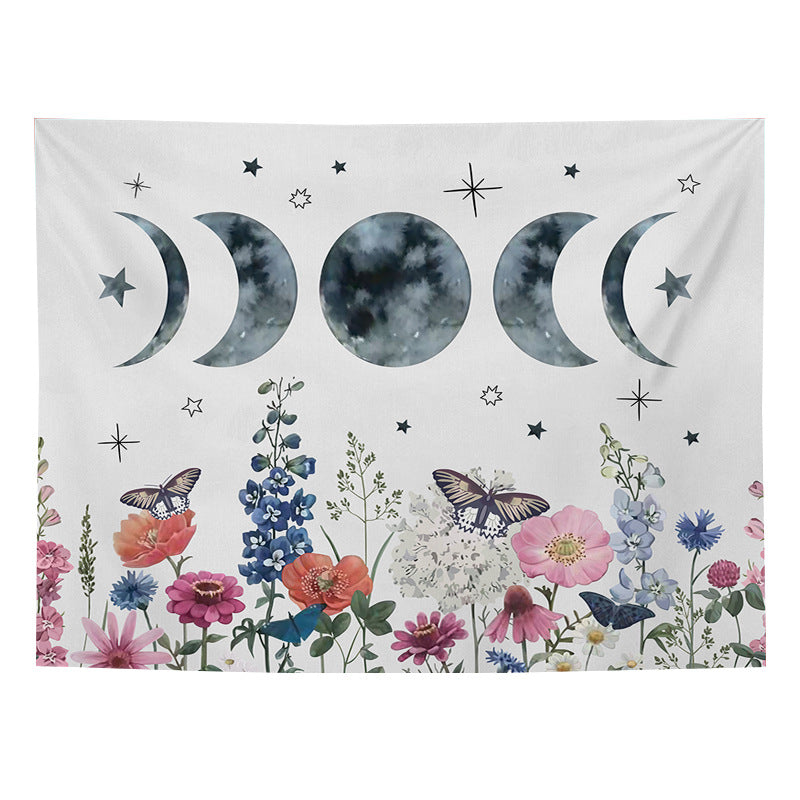 Moon Phase Wall Hanging Tapestry, Beige White Garden Floral Tapestry, Botanical Wall Art Lunar Tapestries, Bohemian Aesthetic Decor for Room