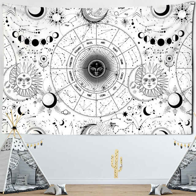 Black and White Tapestry,  Tarot Wall Hanging,  Sun And Moon Mandala,  Hippie  Gothic  Witchcraft  Astrology  Tapestry, Tablecloth, Cover
