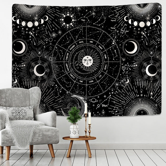 Black and White Tapestry,  Tarot Wall Hanging,  Sun And Moon Mandala,  Hippie  Gothic  Witchcraft  Astrology  Tapestry, Tablecloth, Cover