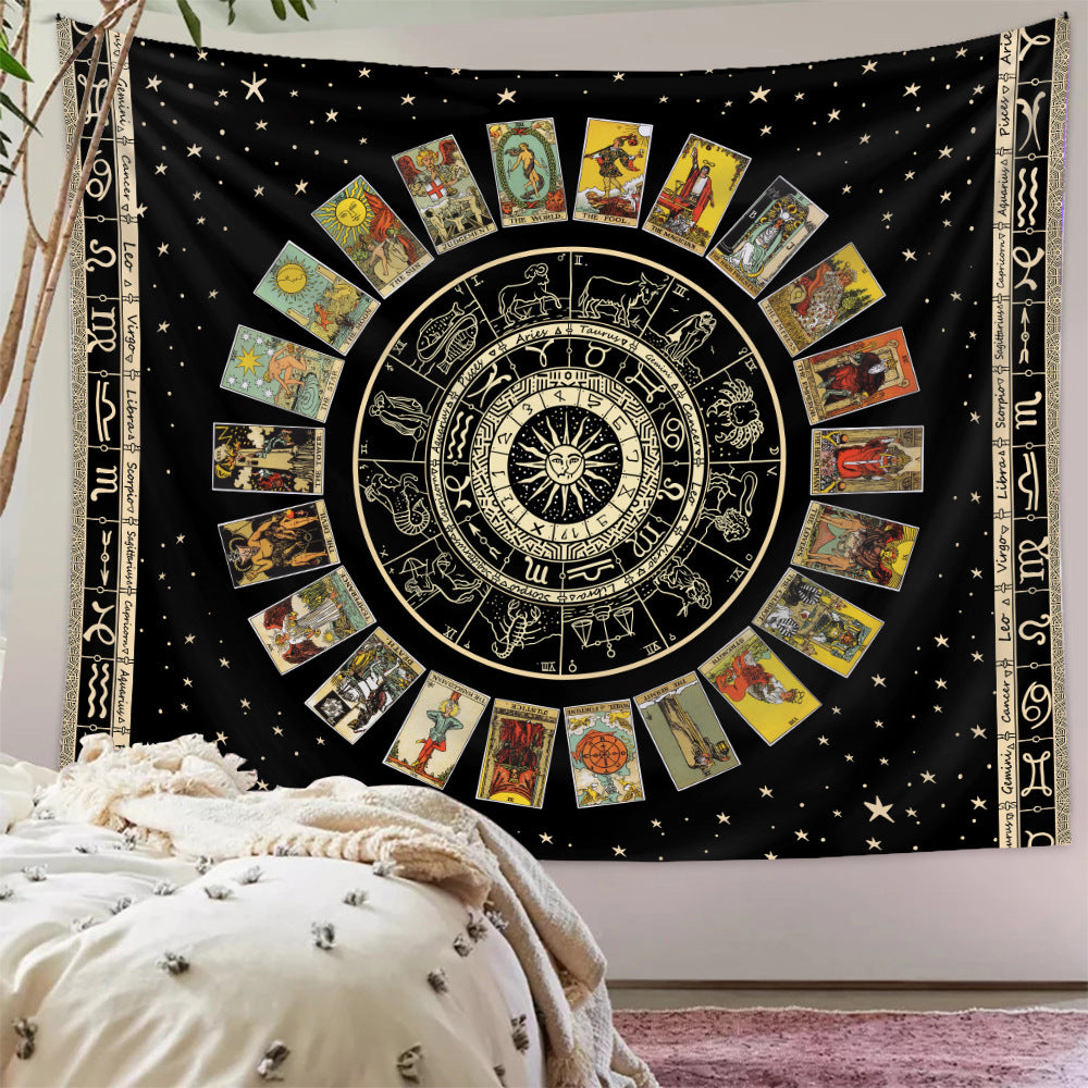 Black Mandala Tarot Card Tapestry Wheel of the Zodiac Witchy Astrology Aesthetic Celestial Constellation Wall Hanging for Living Room, Dorm